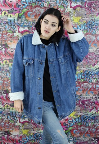 VINTAGE 80S LIGHT BLUE SHERPA FLEECE LINED DENIM JACKET.