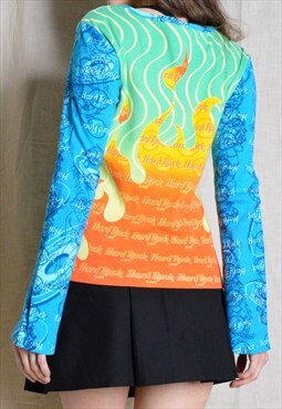 Y2K Colourful Music Flame Las Vegas Graphic Bell Sleeve Top