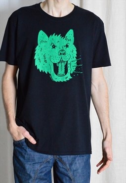 Y2K Black Green Graphic Wolf Dog T-Shirt