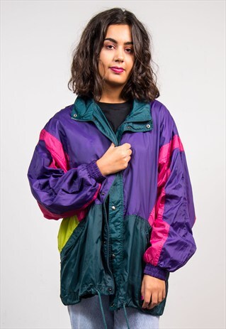 RETRO 90'S BRIGHT COLOURBLOCK HOODED CAGOULE JACKET