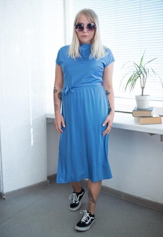 VINTAGE 90'S BRIGHT BLUE STRIPED MIDI DRESS