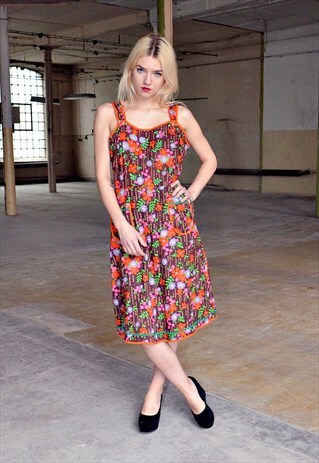 70'S VINTAGE BROWN DRESS WITH FLOWERS