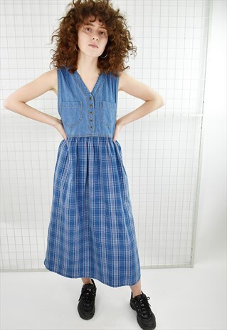 VINTAGE 90S CHECKED DENIM MIDI PINAFORE DRESS