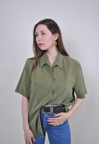 80S GREEN BLOUSE, VINTAGE KHAKI MINIMALIST SUMMER SHIRT