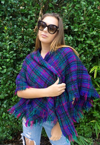 VINTAGE CHECK PURPLE BLACK SHRUG CAPE