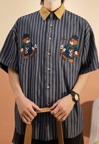 Navy Striped Embroidered Bears Denim Oversized Shirt 