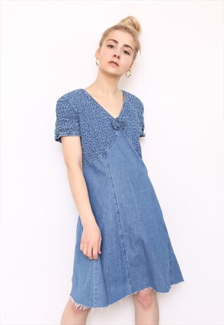VINTAGE 80S BLUE DENIM RAW HEM DRESS