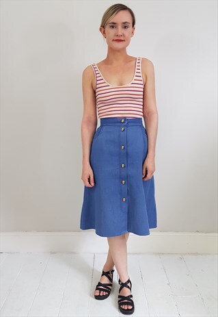 VINTAGE 70'S BLUE DENIM RAINBOW BUTTON DOWN SKIRT