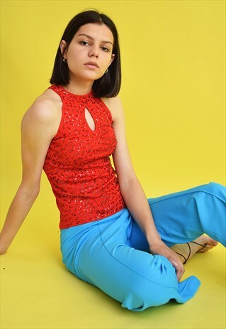 VINTAGE 90'S RETRO RIBBED KNIT SEQUINNED HALTER TOP