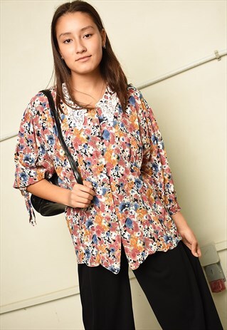 80'S RETRO PARIS CHIC FLORAL PRINT TRIMMED BLOUSE