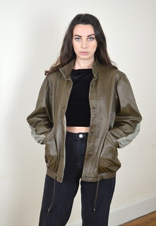 1980S VINTAGE BROWN LEATHER ARM STRIPE BOMBER JACKET