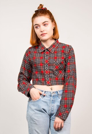 VINTAGE 90'S RED CHECK FLANNEL CROPPED SHIRT