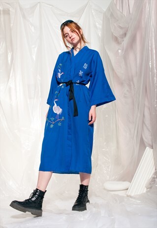 VINTAGE KIMONO 90S HERON EMBROIDERED BLUE ROBE COAT