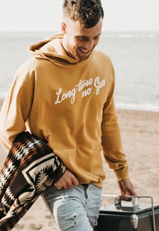 'LONG TIME NO SEA' MENS SEA SLOGAN HOODY IN MUSTARD YELLOW