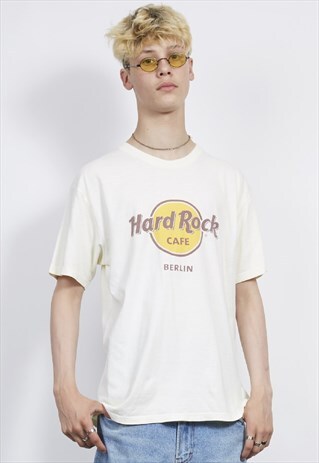 VINTAGE 90'S HARD ROCK CAFE BERLIN PALE YELLOW/CREAM T-SHIRT