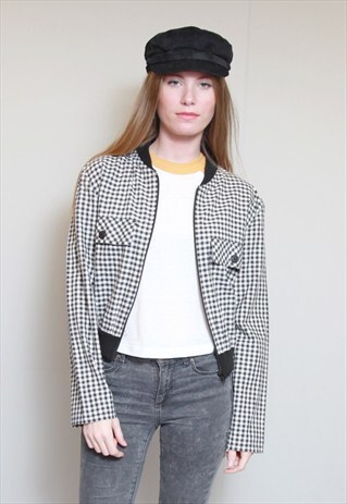 VINTAGE 1990'S BLACK & WHITE GINGHAM PRINT BOMBER JACKET