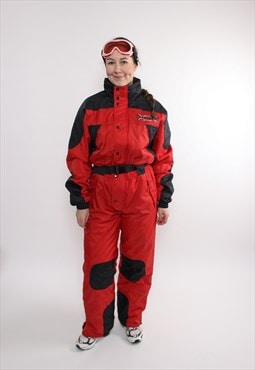 90s red one piece ski suit, vintage black snowsuit retro 