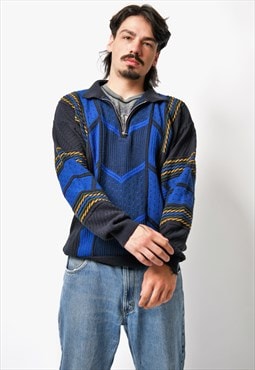 80s retro abstract patterned sweater blue mens vintage