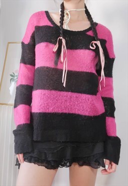 Vintage Punk Rock Black Pink Striped Sweater