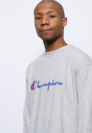 VINTAGE CHAMPION LONG SLEEVE T-SHIRT TOP LOGO GREY
