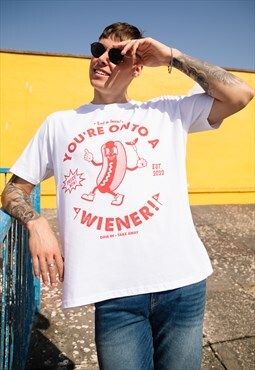 You're Onto A Wiener Men's Hot Dog Graphic T-Shirt in White