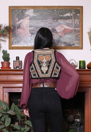 ANTIQUE AFGHAN BLACK GOLD EMBROIDERED GYPSY FESTIVAL VEST