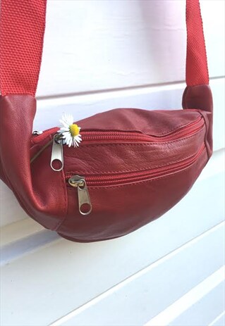 UNISEX RED LEATHER VINTAGE BUMBAG FANNY PACK FESTIVAL 80S