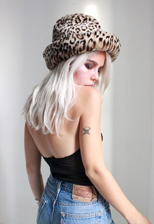 VINTAGE 90S Y2K LEOPARD PRINT FAUX FUR BUCKET HAT
