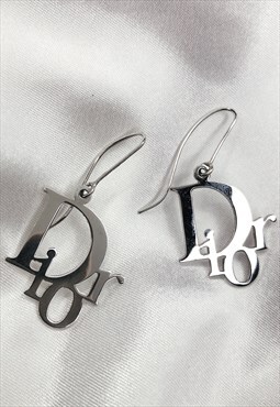 Christian Dior Earrings Logo Silver Monogram Metal Vintage