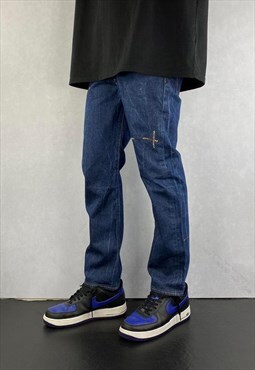 Dark Blue Slim Fit Levis 501 Embroidered Jeans Mens Reworked