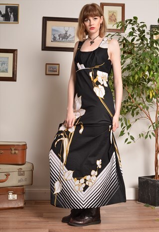 VINTAGE FLORAL TROPICAL MAXI DRESS IN BLACK