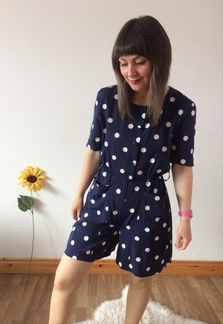 Vintage 80s Navy with White Polka Dot Playsuit