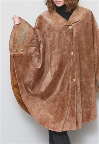 VINTAGE 1970'S PREMIUM BROWN & RED PAISLEY SUEDE CAPE