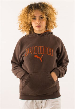 VINTAGE 90S BROWN PUMA HOODIE PULLOVER, ORANGE DETAILING, EM
