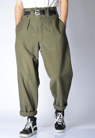 VINTAGE 60S ARMY KHAKI WOOL BLEND PANTS
