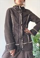 VINTAGE 00'S Y2K WINTER BROWN FAUX FUR TRIM SHEEPSKIN JACKET