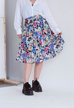 Vintage 80s Pleated Floral Pattern High Waist Woman Skirt M