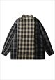 PATCH WORK SHIRT LONG SLEEVE CHECK BLOUSE PLAID TOP IN GREY