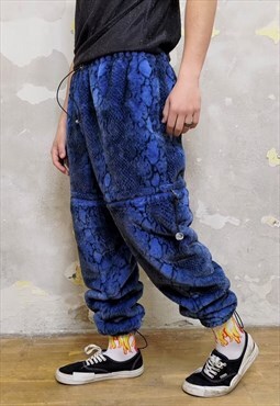 Python fleece joggers detachable handmade snake pants blue