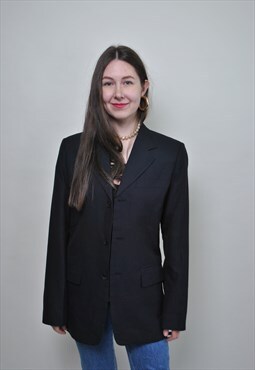 Women wool blazer, oversized black suit jacket, vintage 