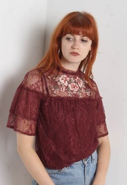 Vintage Y2K Lace Floral Embroidered Top Blouse Red RL