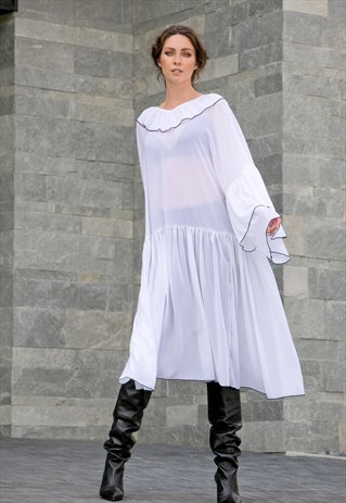 WHITE MAXI DRESS/ RUFFLE DRESS/ CHIFFON MAXI DRESS / ELEGANT