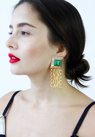 GOLD & GREEN STONE CHAIN DROP CHANDELIER EARRINGS