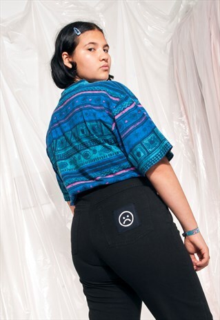 VINTAGE SLIM JEANS REWORKED SAD SMILEY BLACK TROUSERS