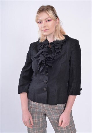 VINTAGE BLAZER JACKET WITH RUFFLE COLLAR BLACK 90S