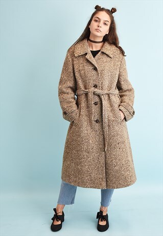 VINTAGE 70'S RETRO NEUTRAL TWEED JAZZY WOOLEN WINTER COAT