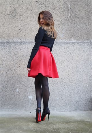 RED SKIRT NEOPRENE MINI SKIRT MINI PLEATED SKIRT F1088