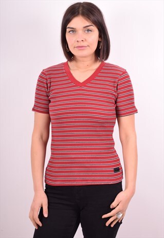 CHAMPION WOMENS VINTAGE T-SHIRT TOP LARGE MAROON STRIPES 90S