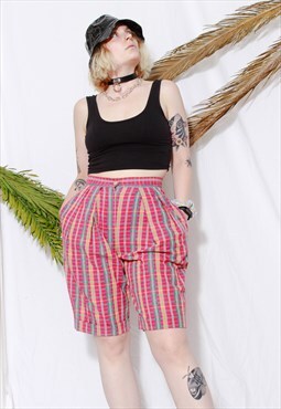 Vintage 80s Grunge 90s Pink Colourful Check High Rise Shorts