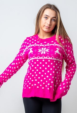 VINTAGE REINDEER CHRISTMAS JUMPER IN PINK XL